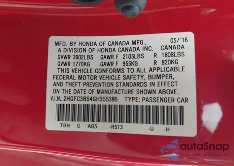 2016 Honda Civic Touring из США, поврежденный, VIN 2HGFC3B94GH355386